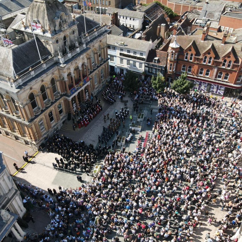 Ipswich town hall drone still from the Kings Proclamation